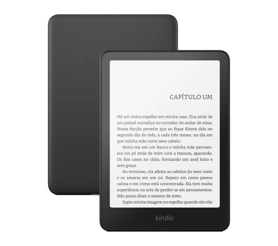 Foto de um Kindle Papwerwhite 11ª geração de frente e também de trás.