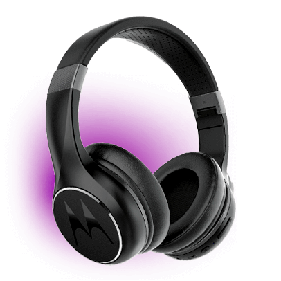 Imagem de um fone headset emitindo uma luz púrpura.