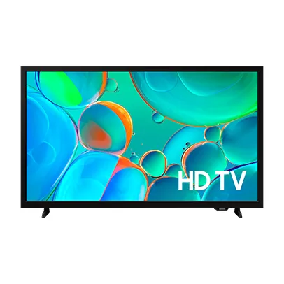 Imagem de uma TV, preta, com uma imagem de bolhas verdes e azuis na tela.