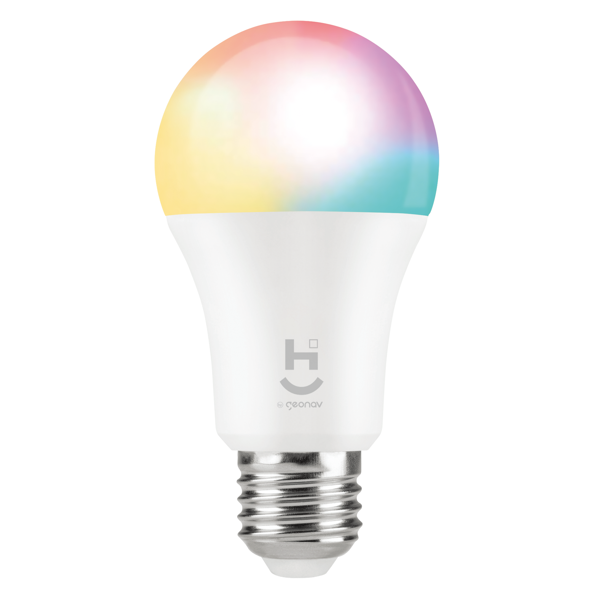 Foto de uma Smart Lâmpada Wi-Fi Geonav com base branca e bulbo com nuances de várias cores.