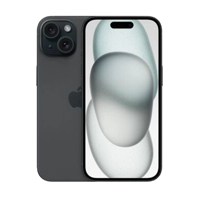 Imagem de dois aparelhos, frente e verso, cor preto, linha iPhone 15.