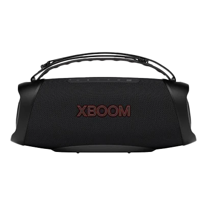 Imagem de uma caixa de som cilíndrica, na cor preta com logo "Xboom".