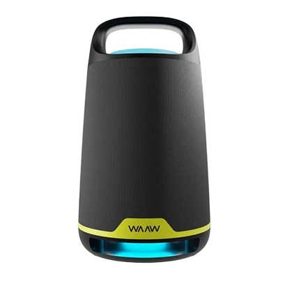 Imagem de uma caixa de som, cor preta com detalhes verdes e o logo "Waaw".