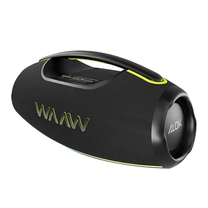 Imagem de uma caixa de som cilíndrica, na cor preta com logo "Waaw".