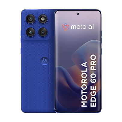 Imagem de dois aparelhos, frente e verso, cor azul, linha Moto Edge.