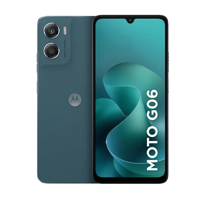 Imagem de dois aparelhos, frente e verso, cor azul, Motorola Moto G06.