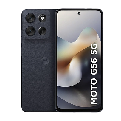 Imagem de dois aparelhos, frente e verso, cor preto, linha Moto G.