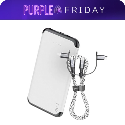 Imagem do powerbank e cabo Ovvi, ambos na cor branco com detalhes preto/cinza.