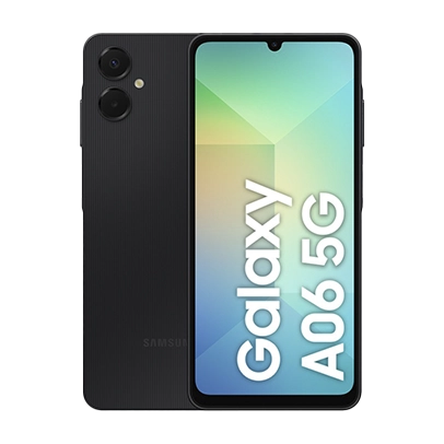 Imagem de dois aparelhos, frente e verso, cor preto, linha Galaxy A.