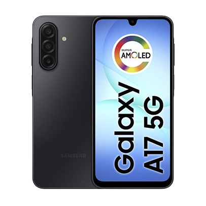 Imagem de dois aparelhos, frente e verso, cor preto, linha Galaxy A.
