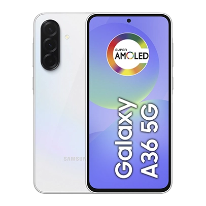 Imagem de dois aparelhos, frente e verso, cor preto, linha Galaxy A.