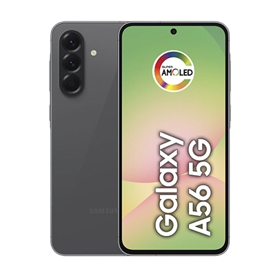 Imagem de dois aparelhos, frente e verso, cor preto, linha Galaxy A.