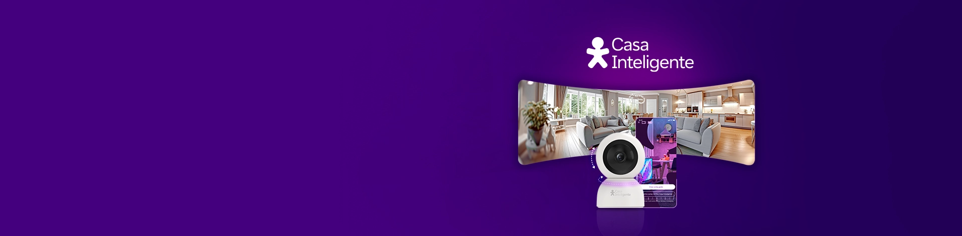 Imagem de câmera 360 com visão panorâmica de uma casa, com logo Vivo Casa Inteligente.