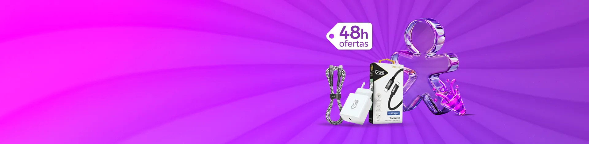 Banner 48h Ofertas com carregador, cabo e acessórios para celular.