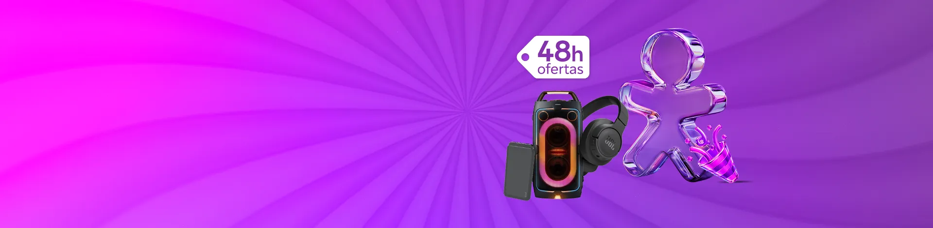 Banner 48h Ofertas com caixa de som, fone de ouvido e acessórios eletrônicos.