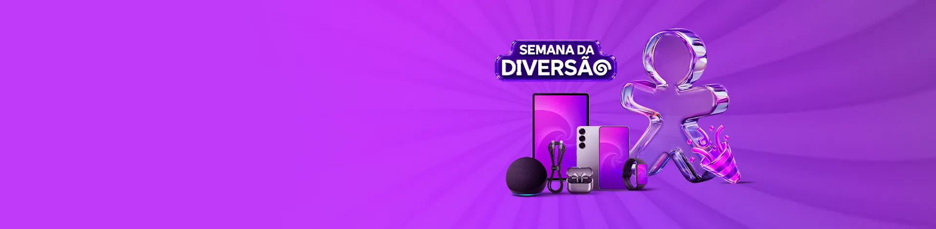 Banner Semana da Diversão com smartphone, tablet, relógio, fones e caixa de som.