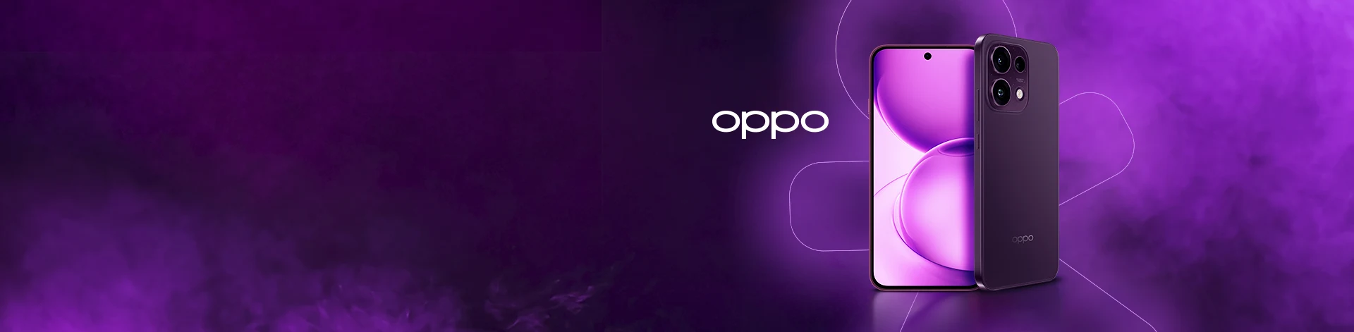 Celular da marca Oppo em um fundo roxo escuro com efeitos de fumaça e o Vivinho com efeito em led.
