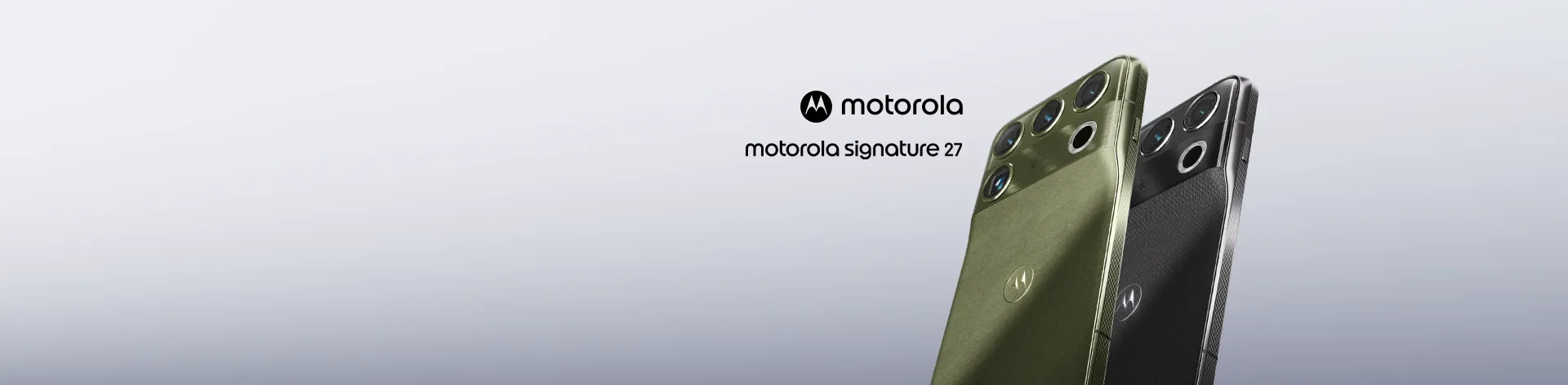 Banner Motorola Signature 27 com dois smartphones exibidos sobre fundo claro.