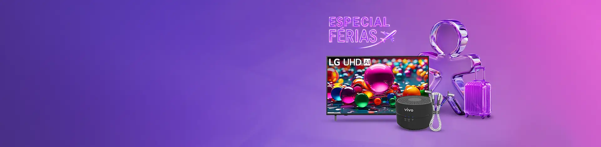 Uma TV LG, um repetidor Vivo e um cabo i2GO. Vivinho com efeito espelhado e uma mala do lado.