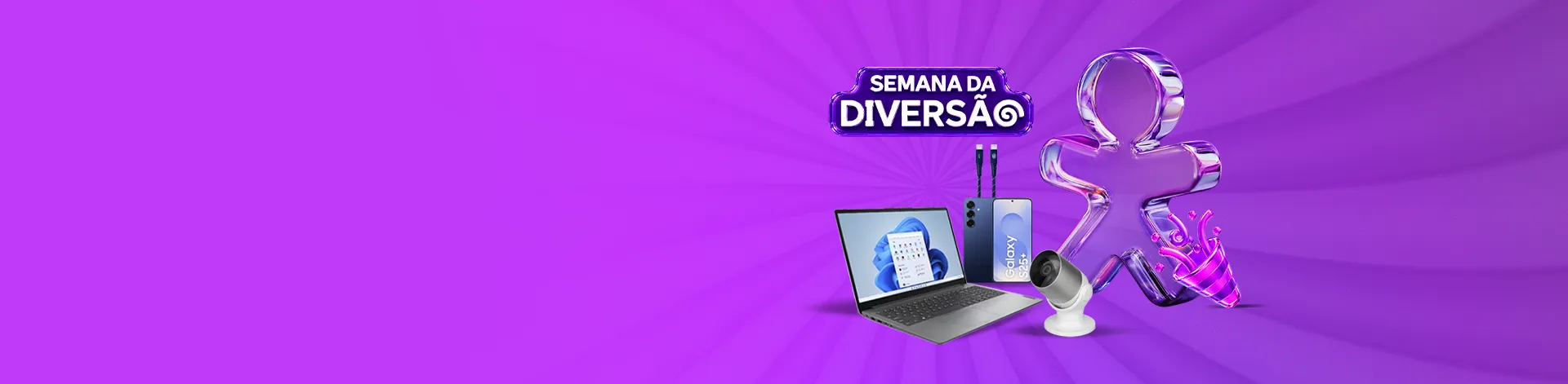 Banner da Semana da Diversão com notebook, smartphone e câmera de segurança.