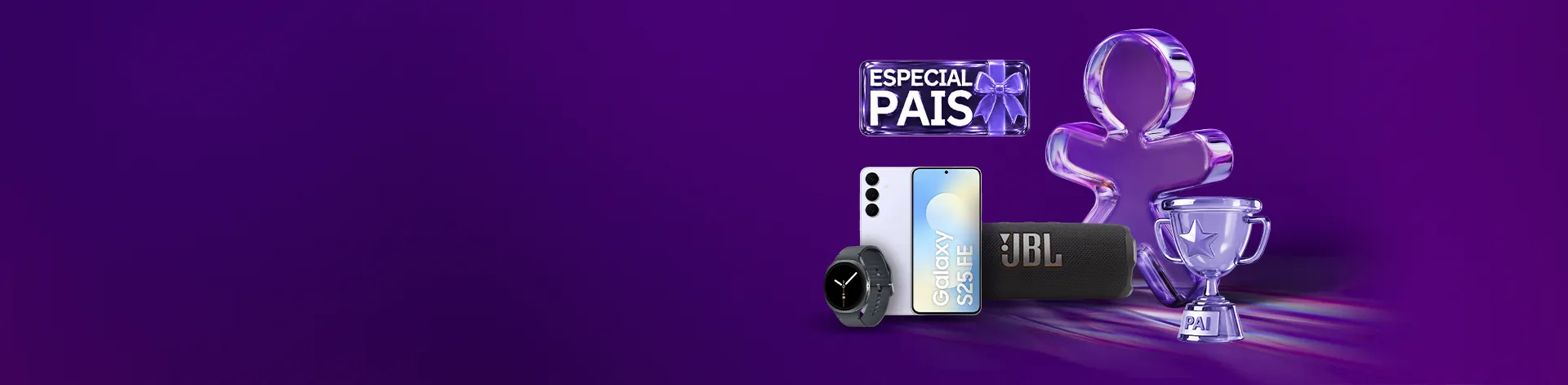 Smartwatch, caixa de som e celular em promoção. Lê-se: Especial pais.