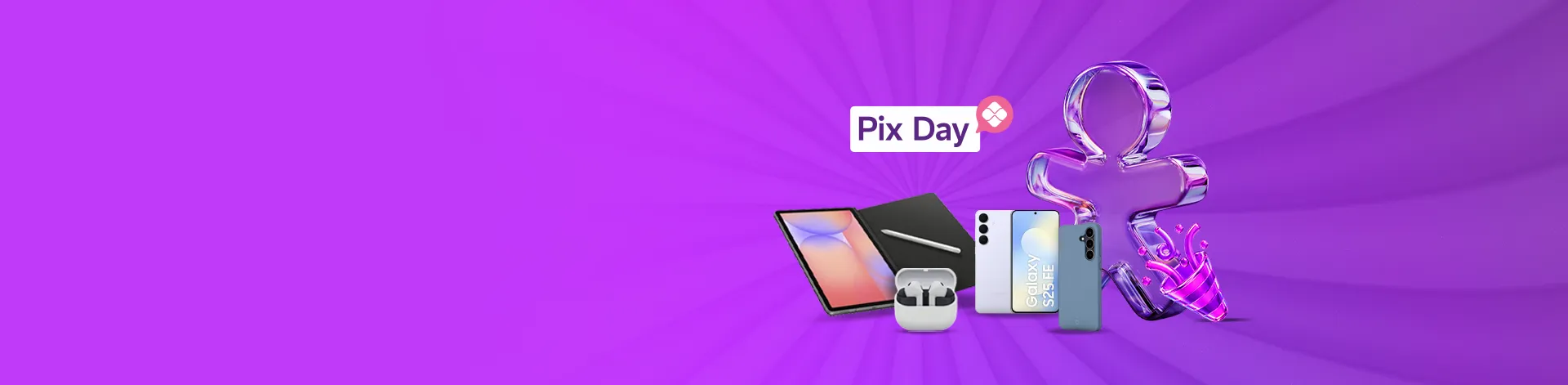 Banner Pix Day com tablet, smartphones e fones de ouvido em destaque.