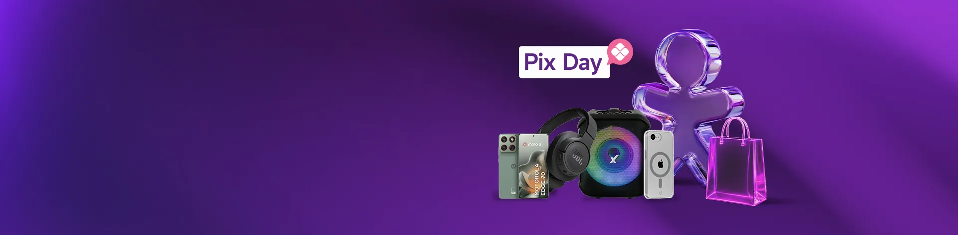 Banner Pix Day com celular, fone, caixa de som, smartphone e sacola em destaque.