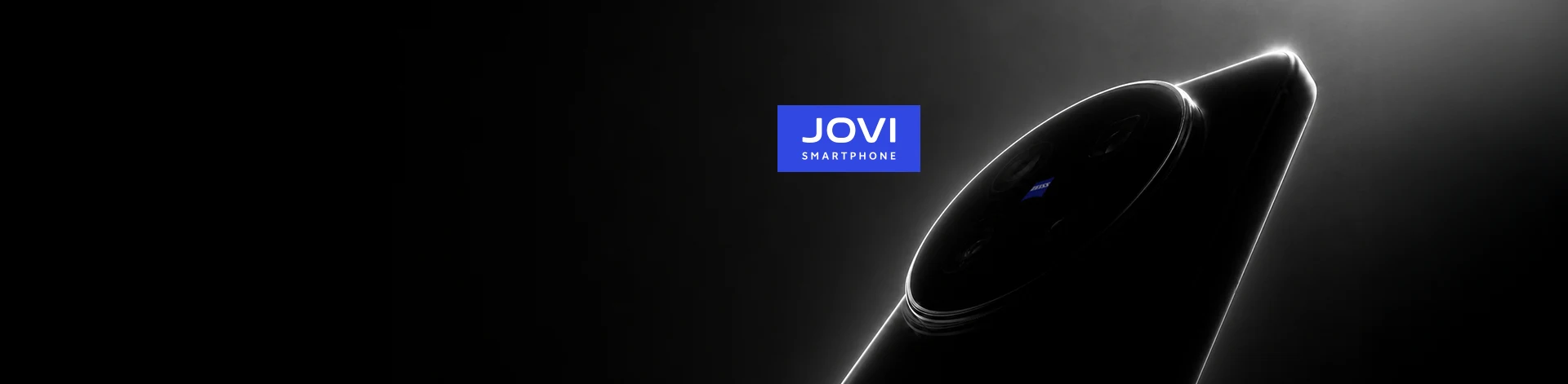 Silhueta de um celular da marca Jovi com um fundo preto e uma luz na parte de cima branca. 