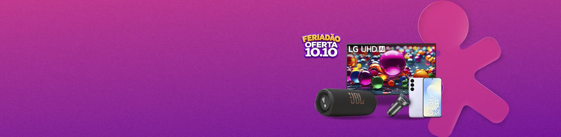 Banner com TV LG, smartphone Galaxy, caixa de som JBL e fone na oferta 10.10.