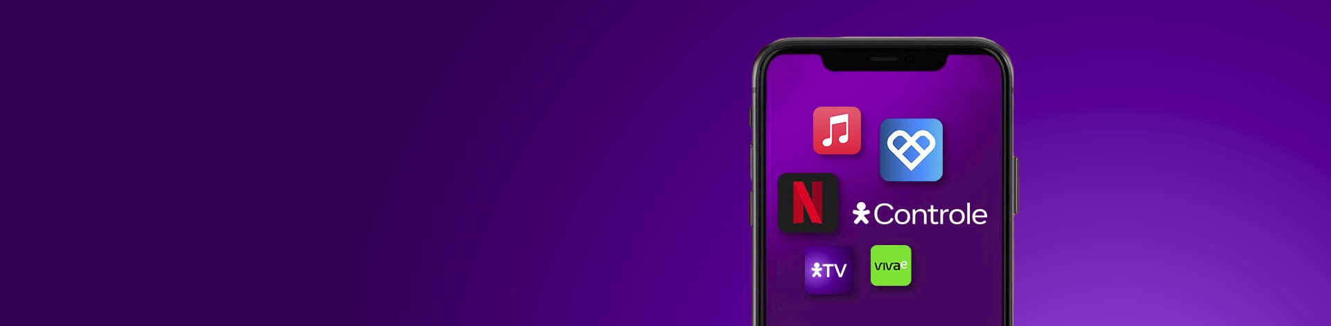 Celular com apps de streamings na tela e logo Vivo Controle.