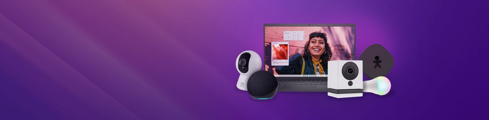 Imagem com fundo em tons de roxo e composição de produtos inteligentes para escritório