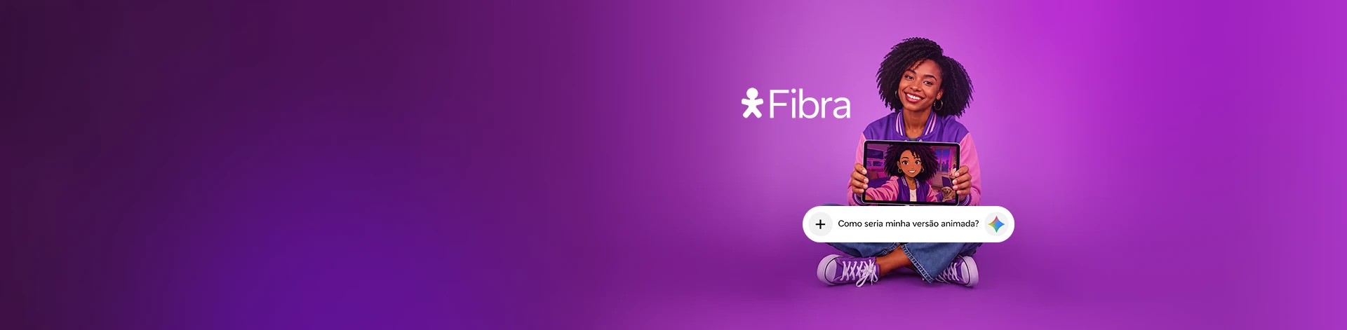Pessoa sentada segura tablet com avatar ilustrado com logo Vivo Fibra em fundo roxo.
