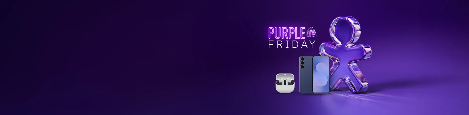 Imagem com fundo roxo escuro, Vivinho e celular smartphone e fones Buds3