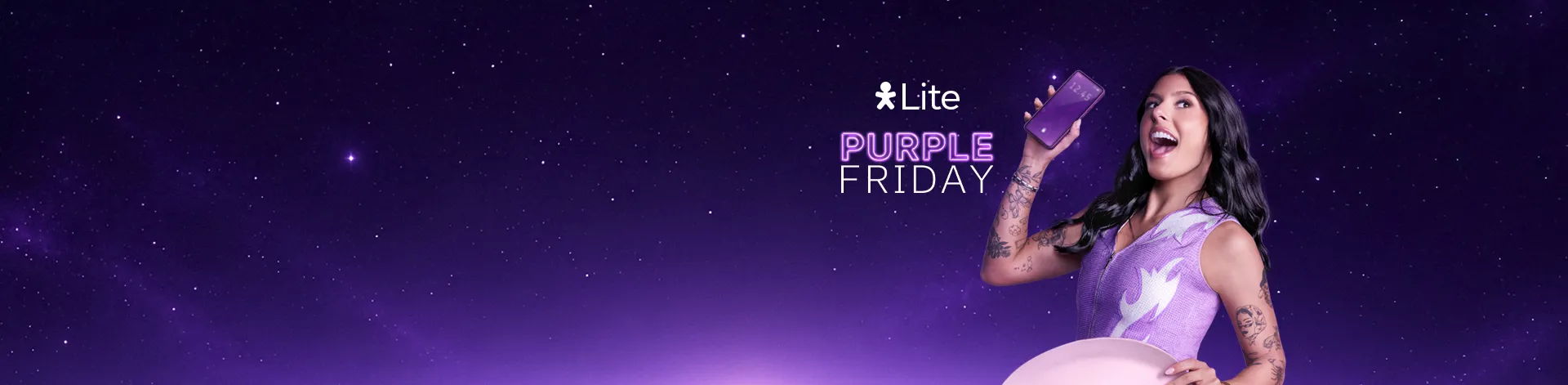 Banner Lite Purple Friday com smartphone roxo em destaque.