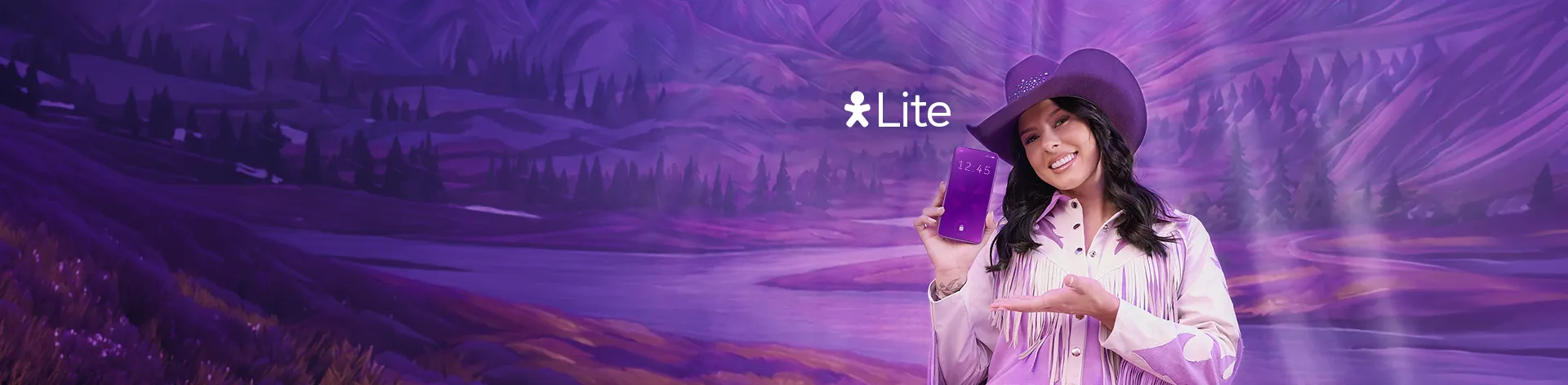 Ana Castela com chapéu rosa e segurando celular. Ao lado logo Vivo Lite.