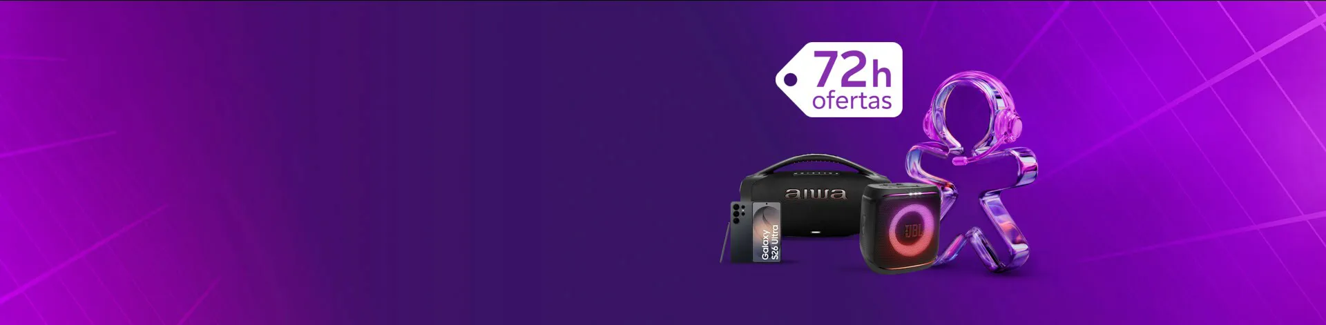 Banner da campanha 72h Ofertas com eletrônicos e acessórios gamer.