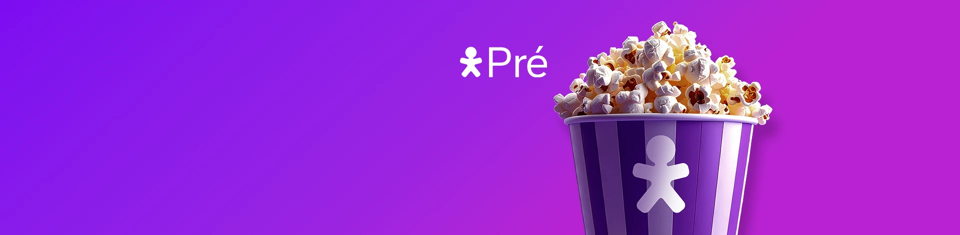 Imagem com fundo roxo e rosa, balde de pipoca listrado com Vivinho e ao lado logo Vivo Pré.