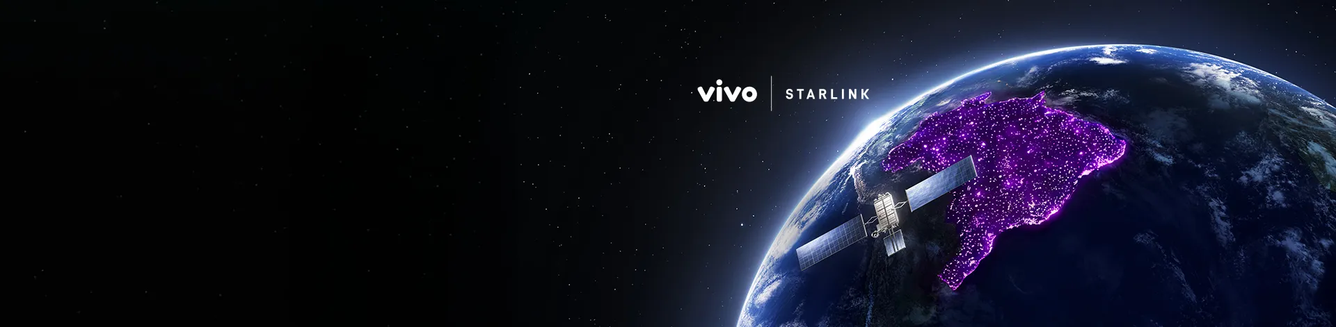 Satélite com planeta terra ao fundo e logos Vivo e Starlink.