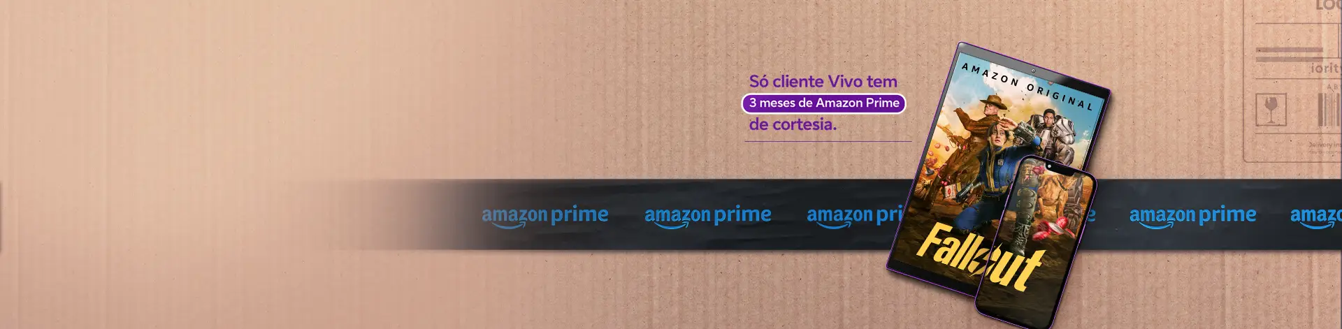 Imagem com fundo que simula caixa de papelão com logo Amazon Prime e capa da série Fallout