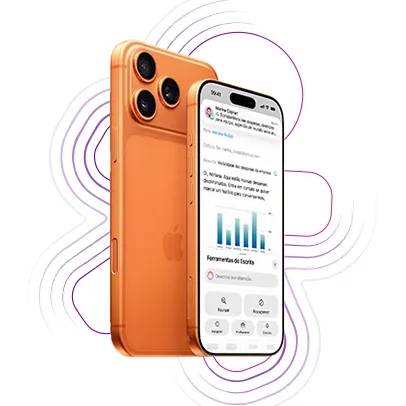Dois celulares, cor laranja, frente e verso, da linha iPhone 17.