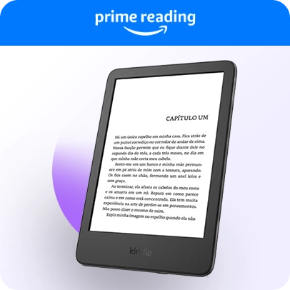 Imagem com dispositivo eletrônico Kindle, na tela a página de um livro.