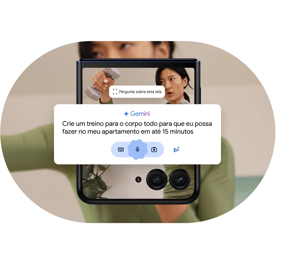Imagem de mulher se exercitando na tela do celular com um campo escrito um prompt para o Gemini.