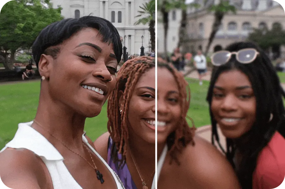 Três mulheres com linha branca no centro mostrando a diferença da foto antes e depois do editor.