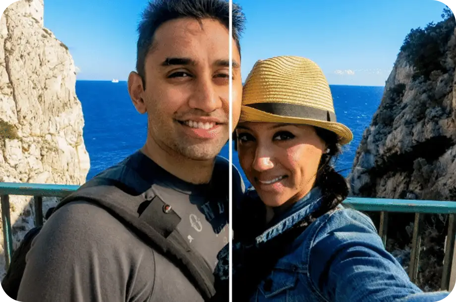 Casal viajando com linha branca no centro mostrando a diferença da foto antes e depois do editor.