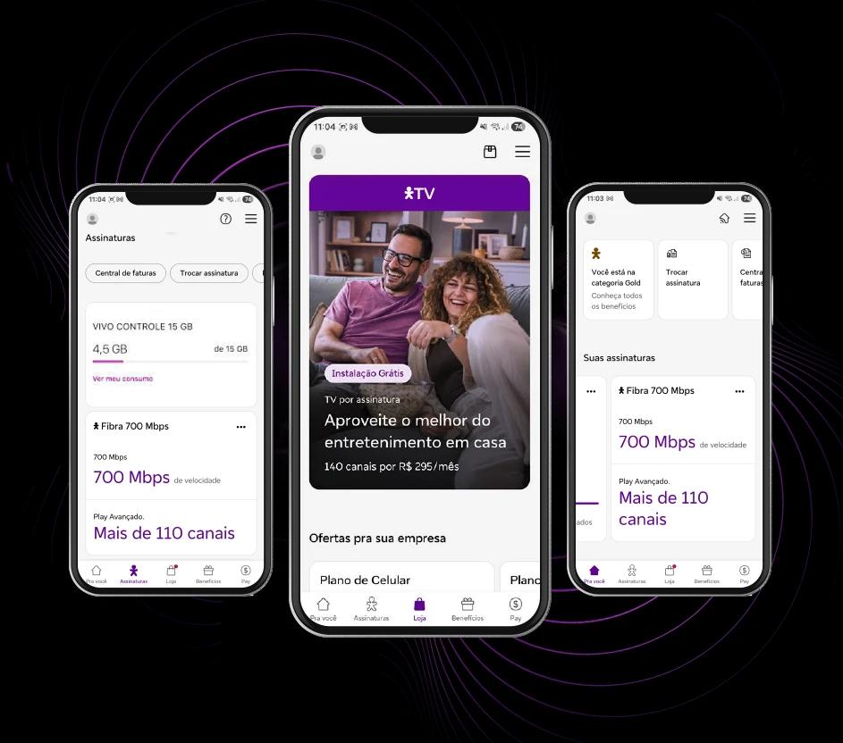 Telas do app Vivo em um fundo preto.