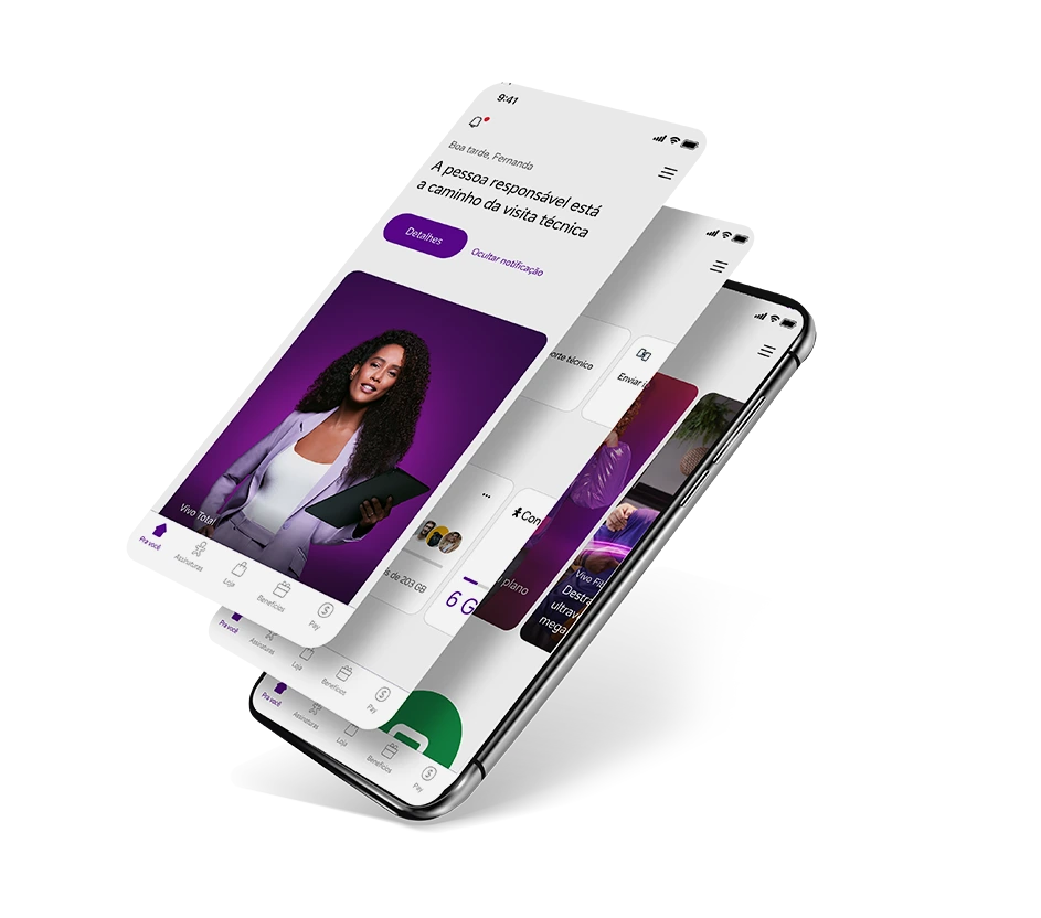 Composição de três telas do App Vivo sobrepostas em um celular.