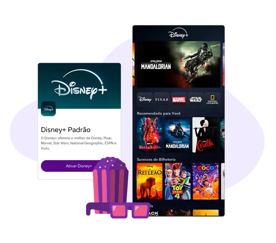 Imagem da tela do Disney Plus, um ícone de pipoca e óculos 3D