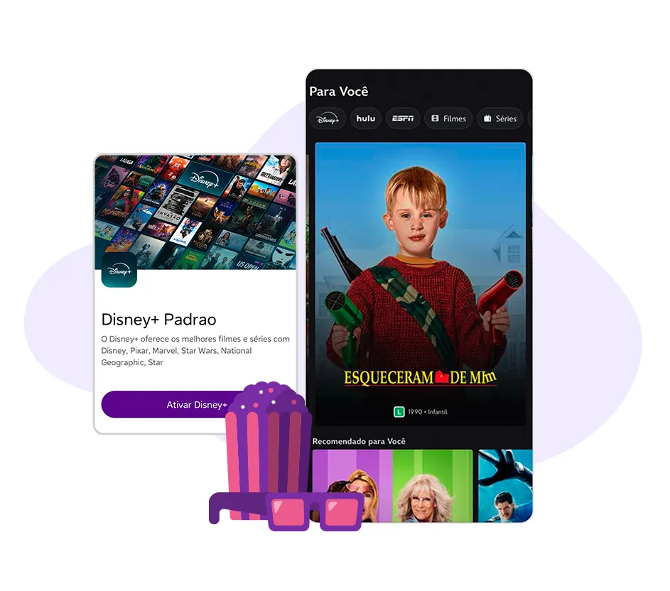 Imagem das telas do aplicativo do Disney + e um ícone de pipoca e óculos 3D