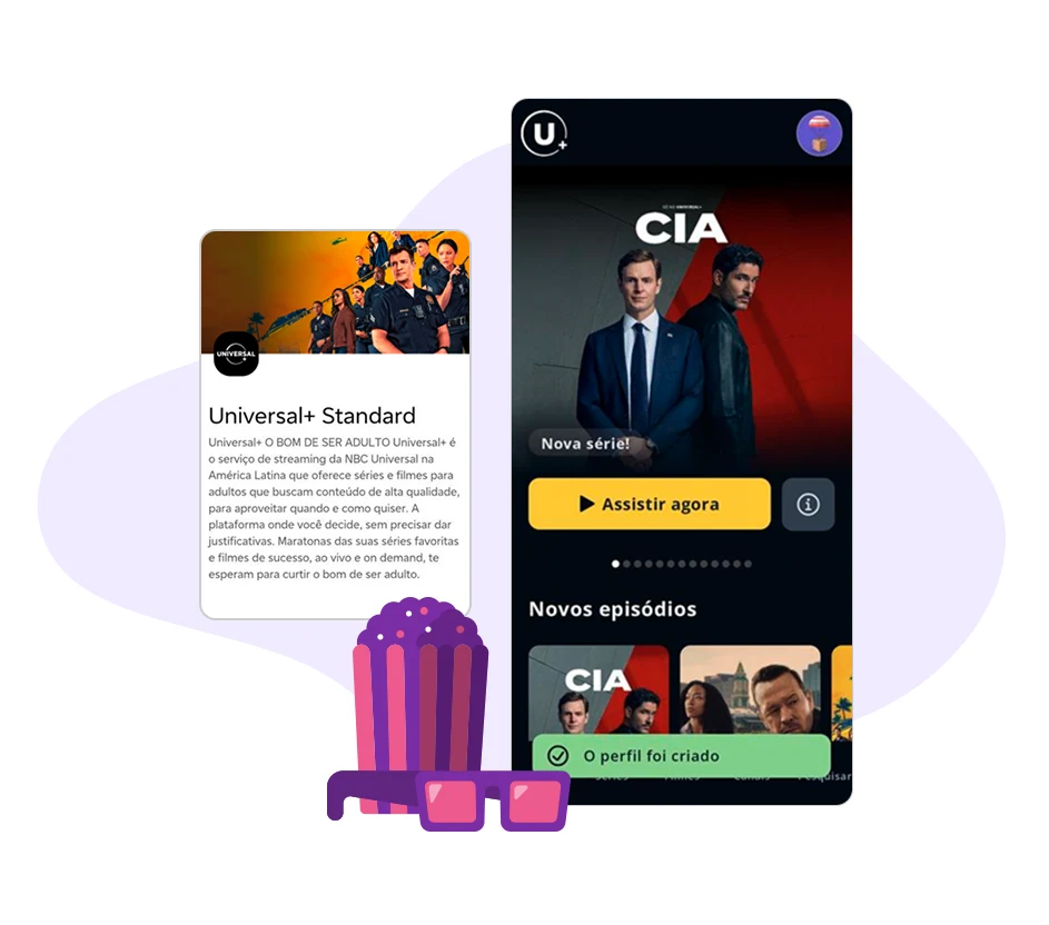 Tela do Universal+ com catálogo de séries e confirmação de perfil criado.