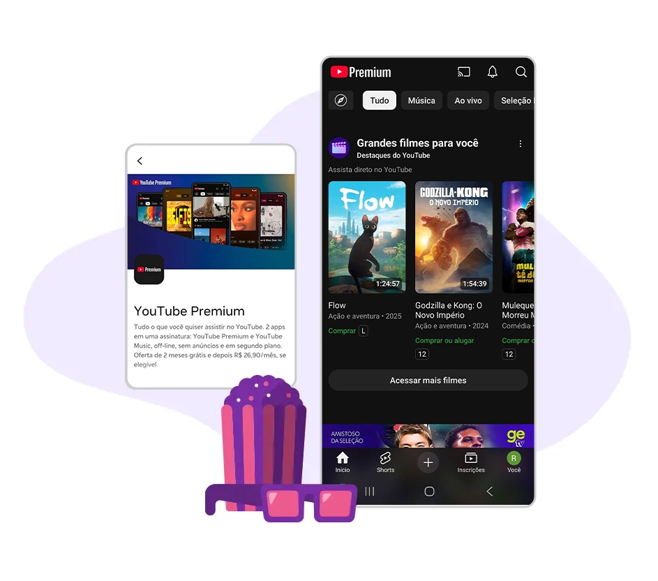 Imagem das telas de ativação e tela de início do app YouTube, abaixo ilustração de pipoca e óculos.